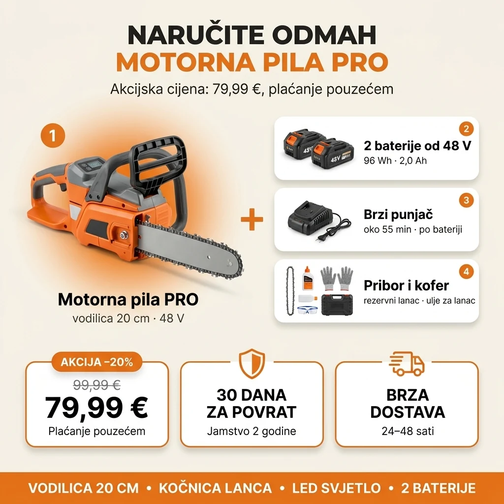 Ponuda Akumulatorske motorne pile PRO: pila, dvije baterije, brzi punjač, pribor i kofer, 79,99 € umjesto 99,99 €, plaćanje pouzećem