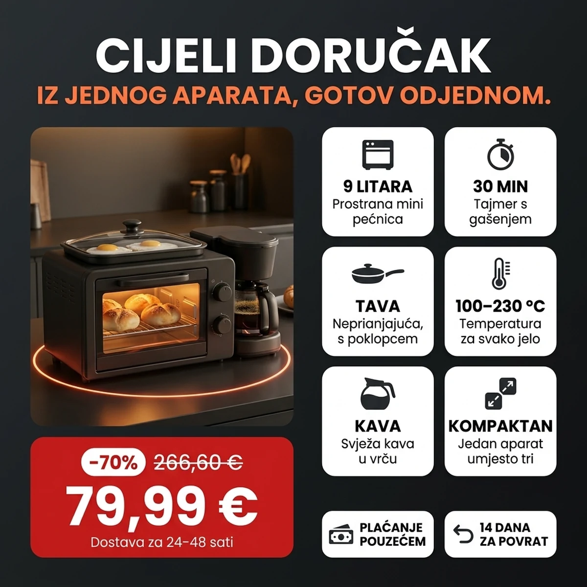 Aparat za doručak 3 u 1 s pećnicom, tavom i aparatom za kavu, na karticama glavnih značajki
