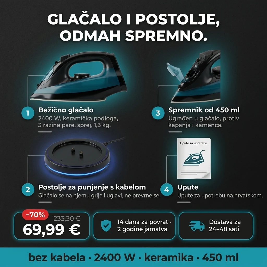 Bežično glačalo – ponuda: bežično glačalo s keramičkom podlogom i postolje za punjenje, 69,99 € umjesto 233,30 €, plaćanje pouzećem