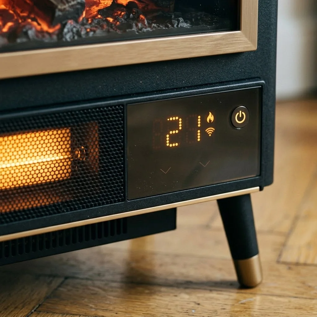 Jantarni zaslon kamina pokazuje 21 °C s ikonama plamena i Wi-Fi mreže