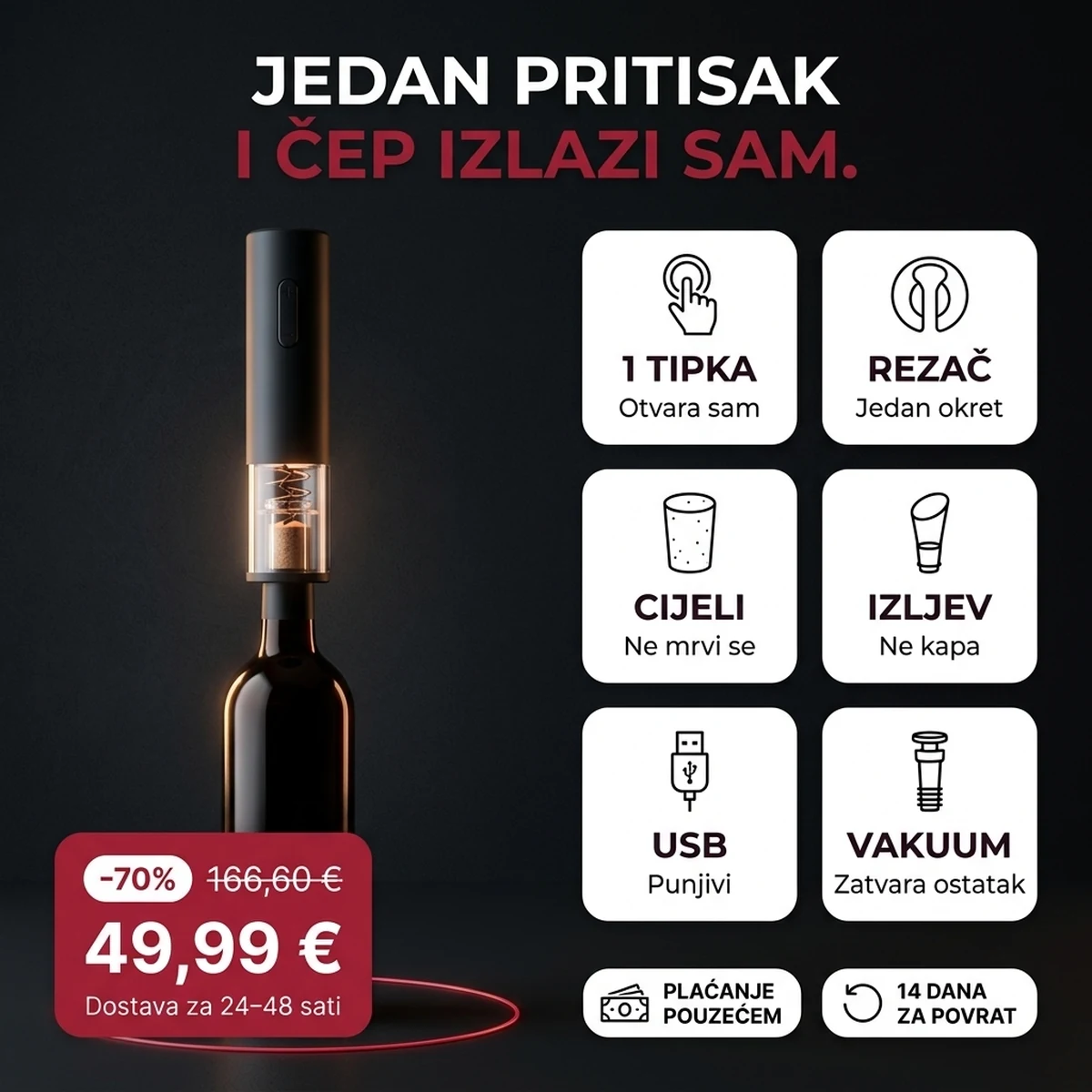 Crni električni otvarač za vino u setu: otvarač, rezač, izljev, vakuumski čep, na karticama značajki