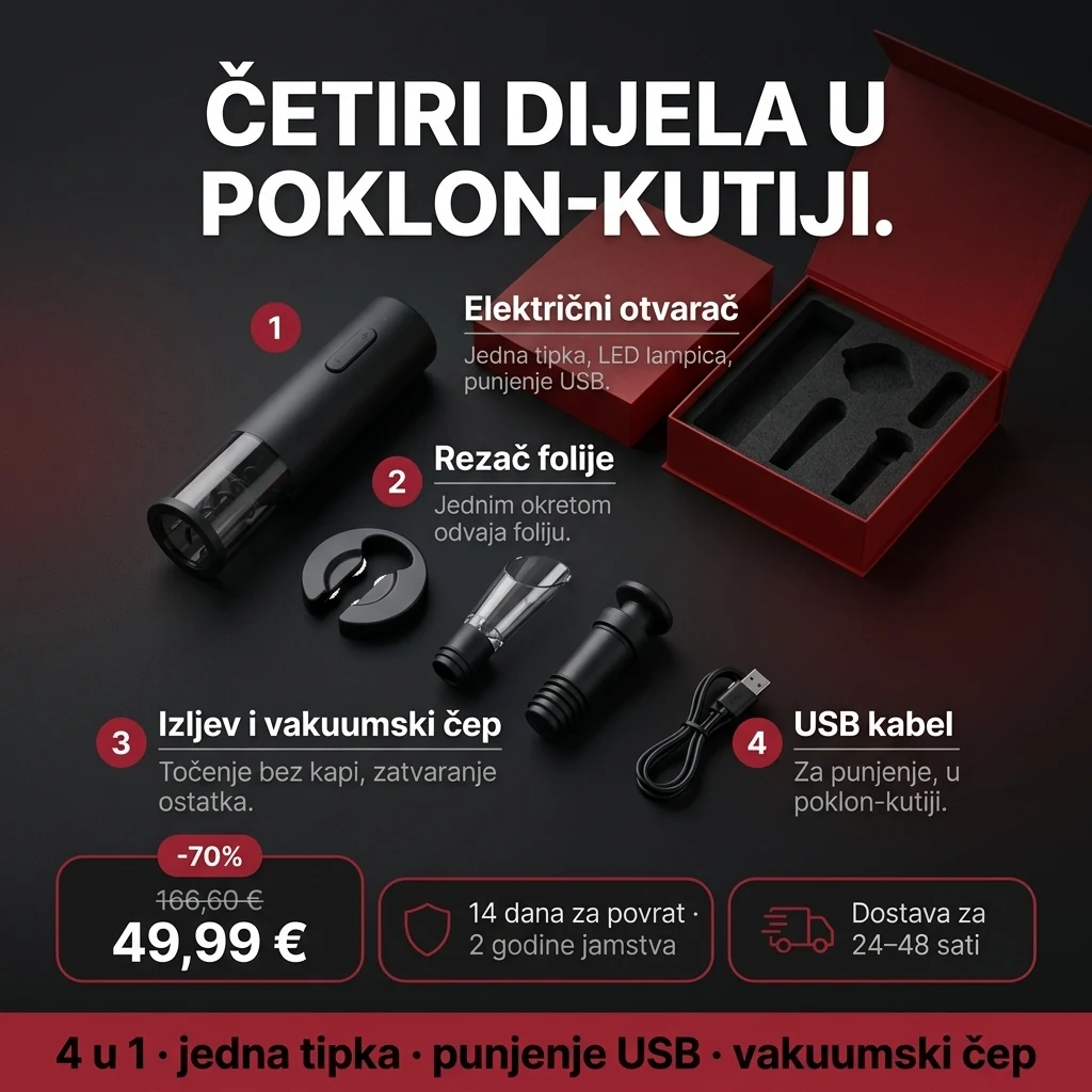 Električni otvarač za vino – ponuda: električni otvarač za vino u setu 4 u 1, u poklon-kutiji, 49,99 € umjesto 166,60 €, plaćanje pouzećem