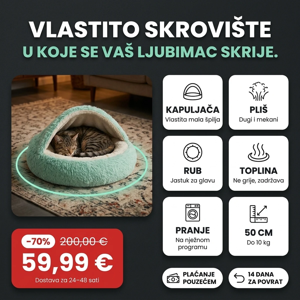 Plišani krevetić boje mente s kapuljačom, na karticama glavnih značajki