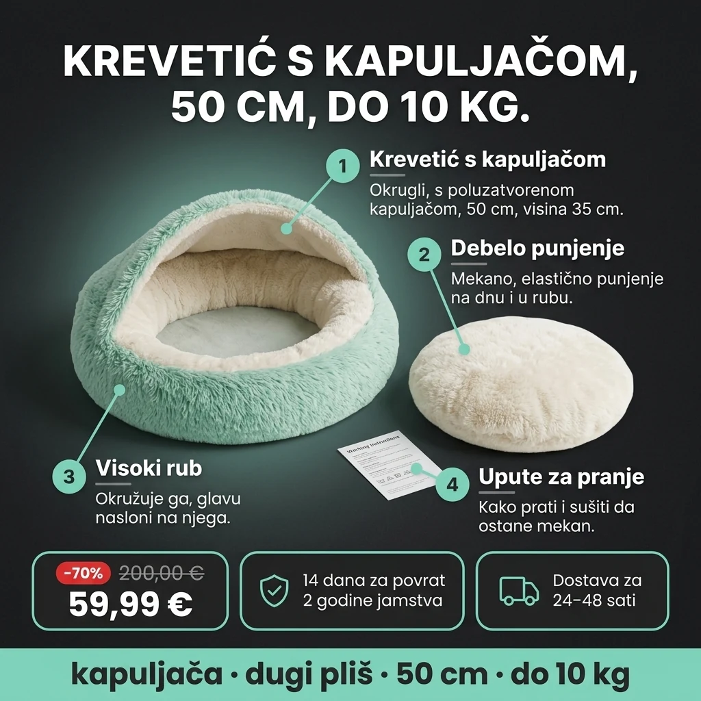 Krevetić s kapuljačom – ponuda: okrugli plišani krevetić s kapuljačom, 50 cm, 59,99 € umjesto 200,00 €, plaćanje pouzećem