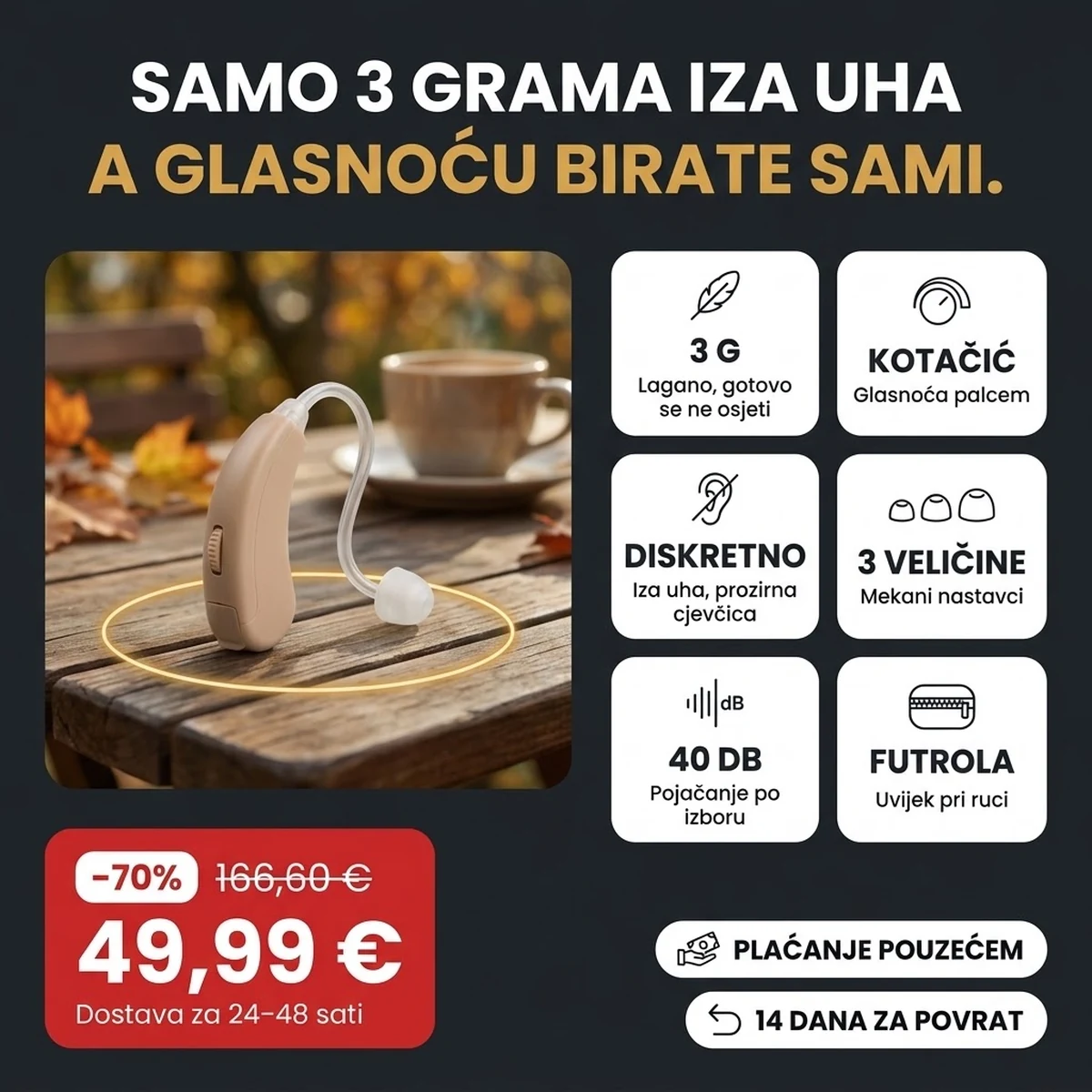 Osobno pojačalo zvuka PRO bež boje s prozirnom cjevčicom, glavne značajke na karticama