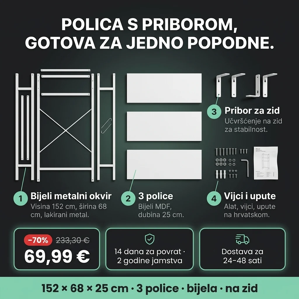 Polica iznad perilice – ponuda: bijela polica iznad perilice s 3 police i priborom za zid, 69,99 € umjesto 233,30 €, plaćanje pouzećem