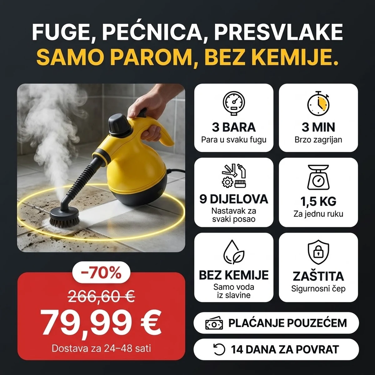 Ručni parni čistač PRO s nastavcima, glavne značajke na karticama