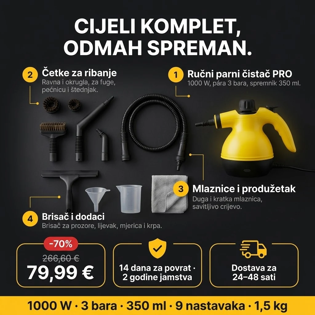 Ponuda Ručni parni čistač PRO: čistač i 9 nastavaka, plaćanje pouzećem