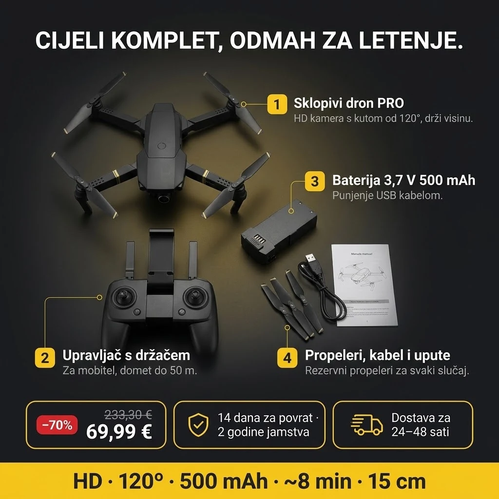 Ponuda Sklopivi dron PRO: dron, upravljač, baterija i pribor, plaćanje pouzećem