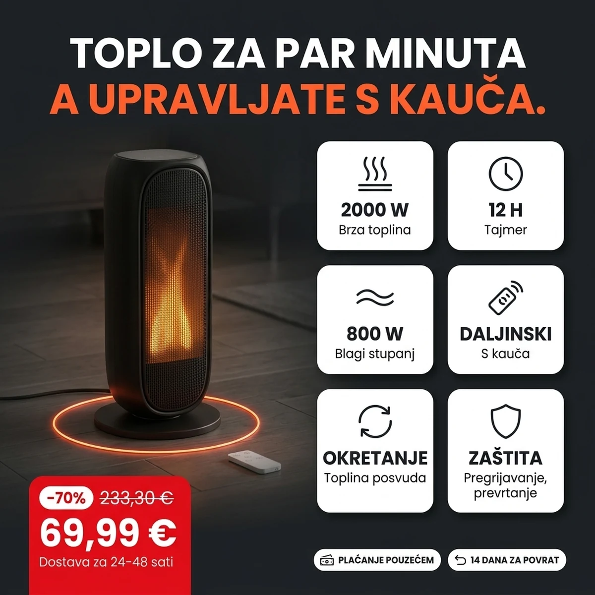 Crna stupna keramička grijalica s efektom plamena, na karticama glavnih značajki