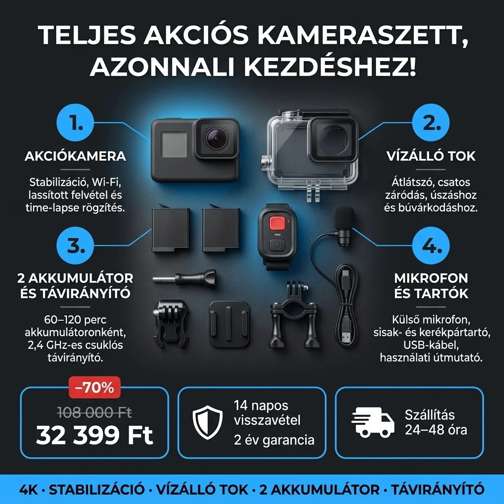 4K akciókamera – ajánlat: 4K akciókamera, vízálló tok, 2 akku, távirányító és tartók, 108 000 Ft helyett 32 399 Ft, fizetés átvételkor