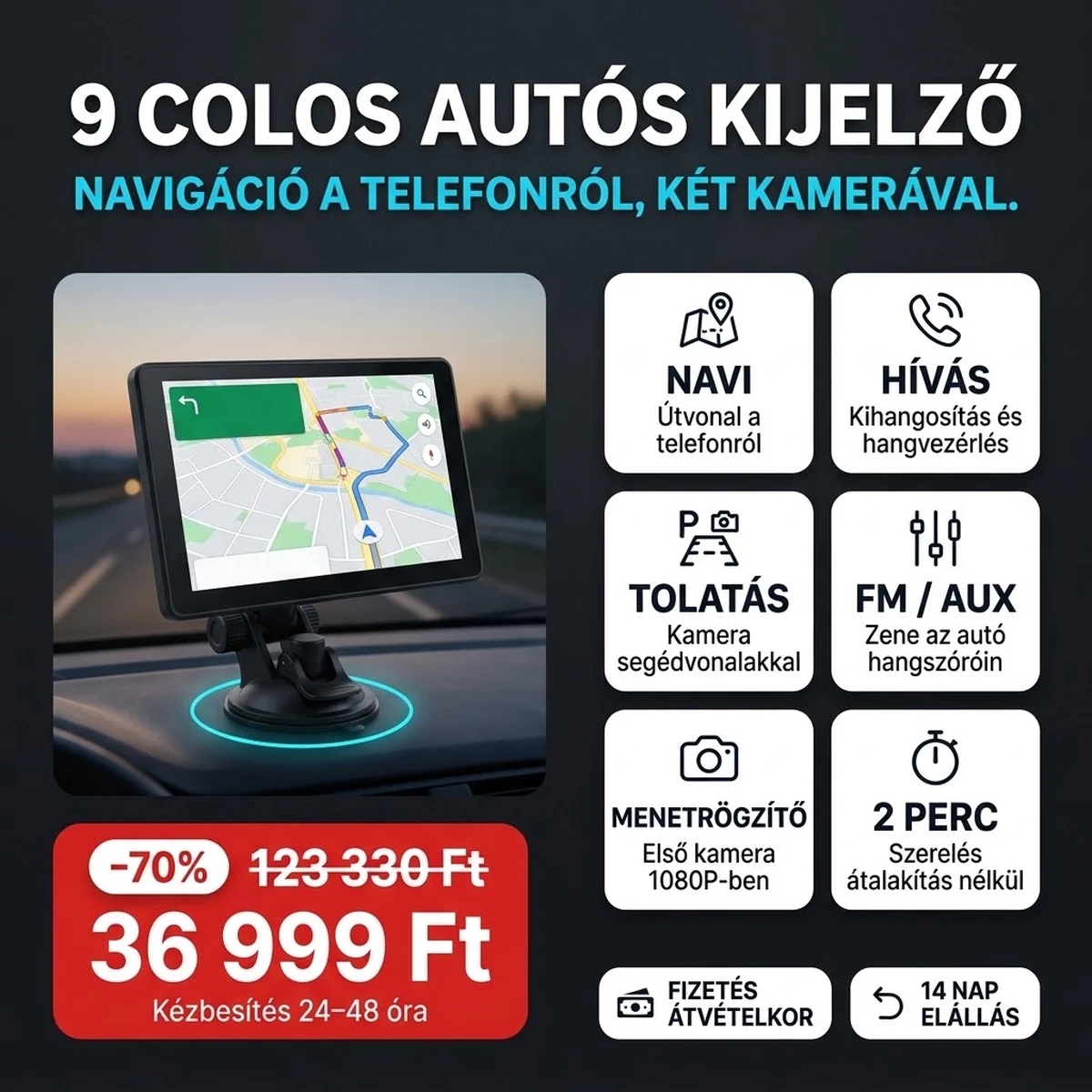 9 colos autós kijelző PRO a műszerfalon, mellette a tolatókamera, a fő jellemzők kártyáin