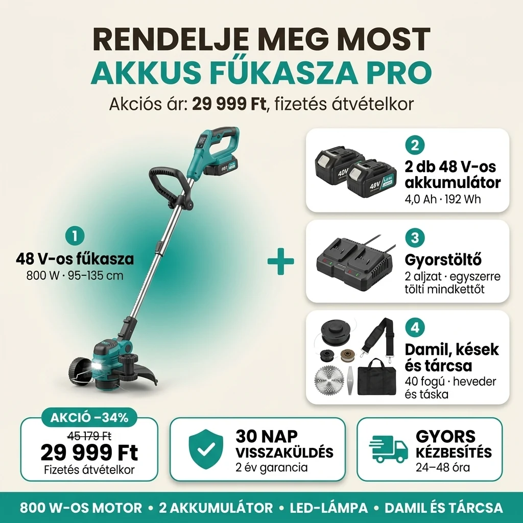 Az Akkus fűkasza PRO ajánlata: fűkasza, két akkumulátor, töltő, damil, kések és tárcsa, 45 179 Ft helyett 29 999 Ft, fizetés átvételkor