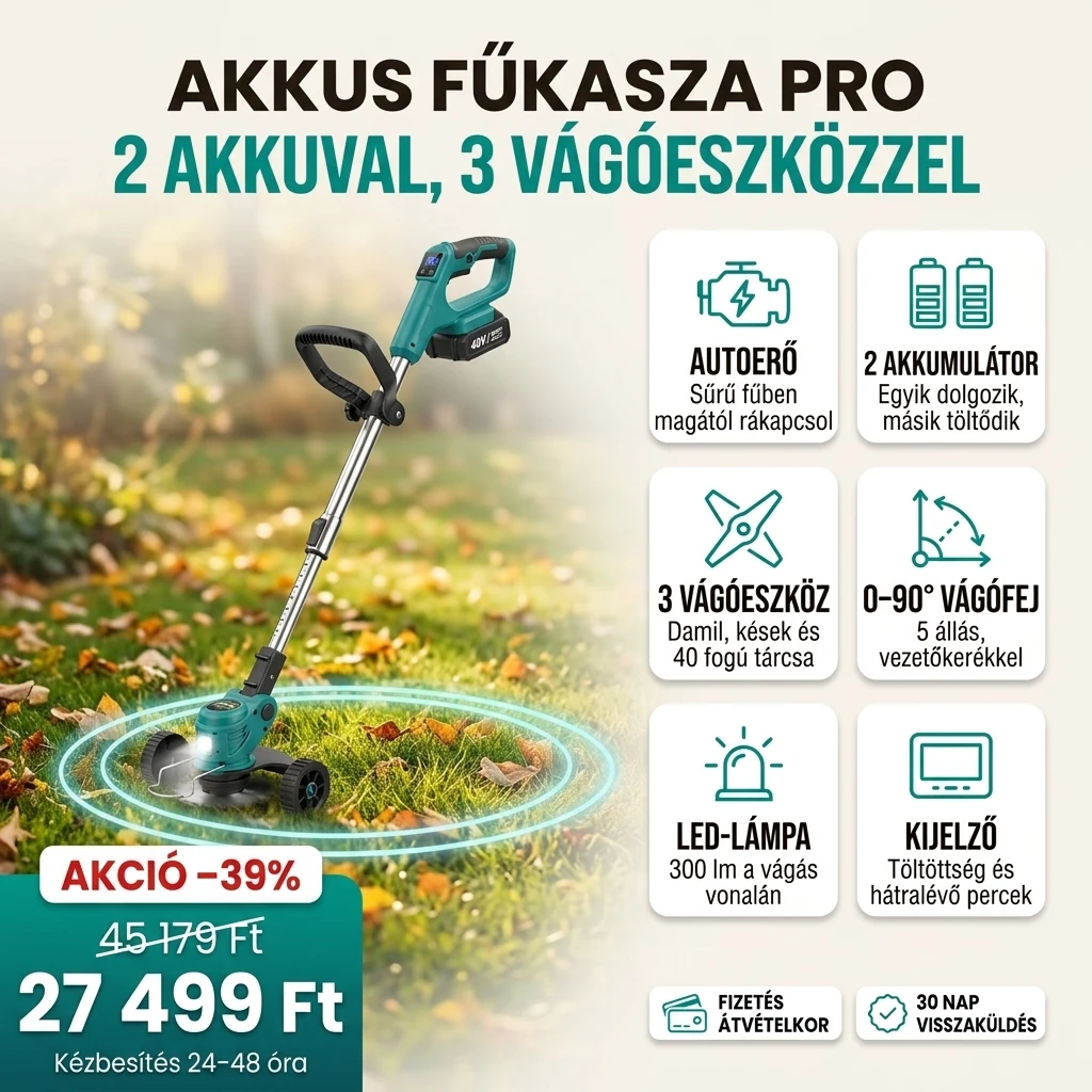 Akkus fűkasza PRO két akkumulátorral és három vágóeszközzel, a fő jellemzők kártyáin
