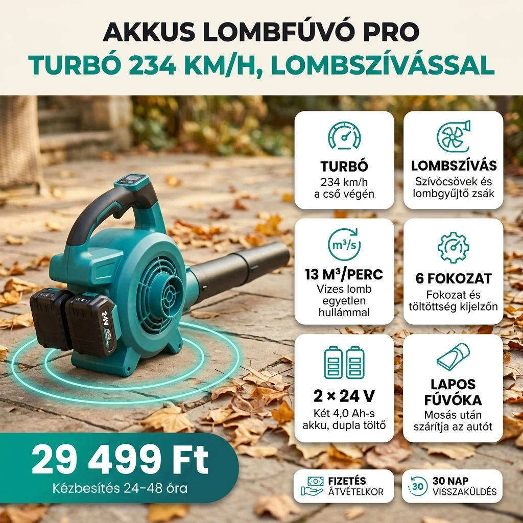 Akkus lombfúvó PRO Turbó módban a vizes kocsibeállón, a fő funkciók kártyáival
