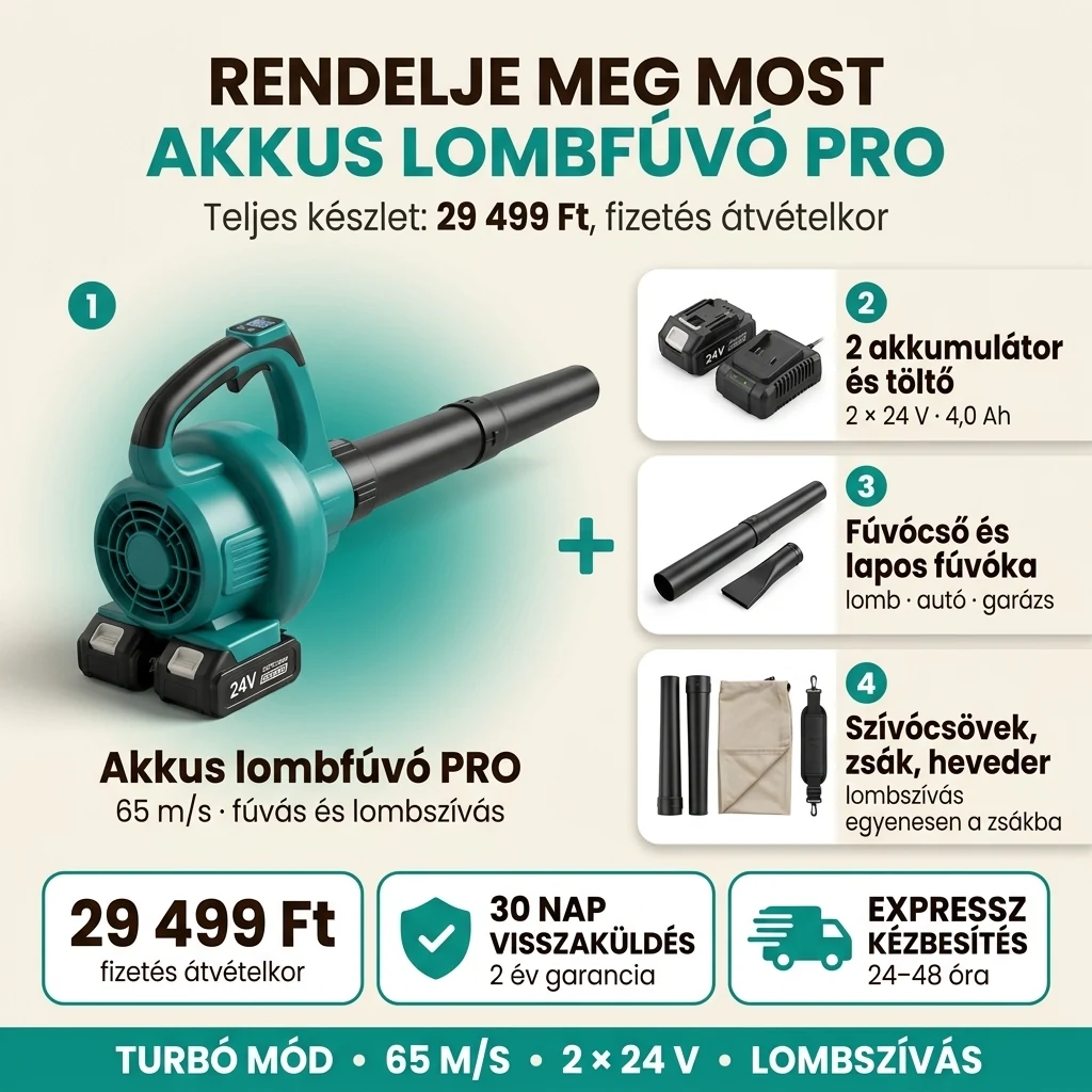 Az Akkus lombfúvó PRO ajánlata: 8 darabos készlet két akkumulátorral, 29 499 Ft, fizetés átvételkor