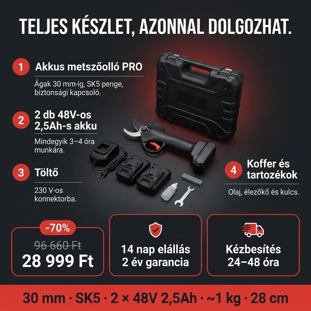Az Akkus metszőolló PRO ajánlata: olló, két akku, töltő és koffer tartozékokkal, fizetés átvételkor