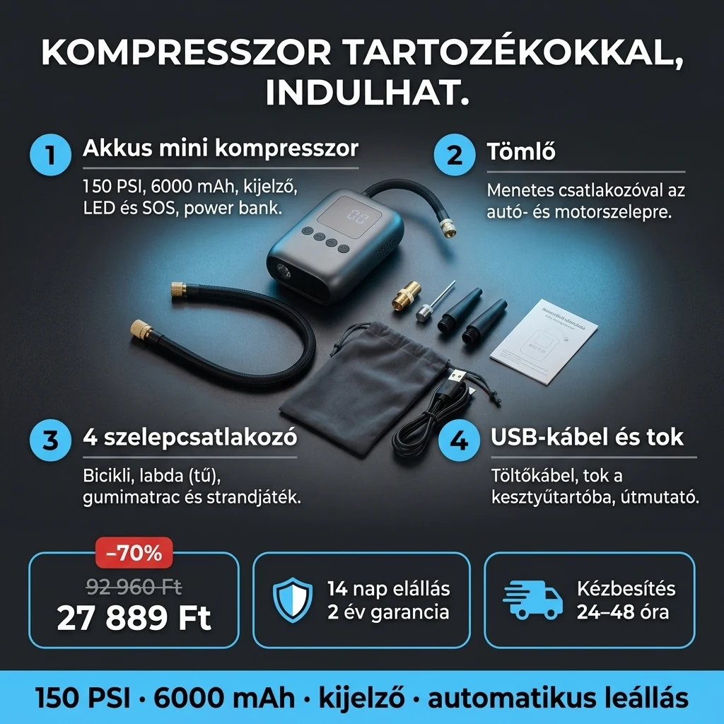 Akkus mini kompresszor – ajánlat: akkus mini kompresszor kijelzővel, tömlő és 4 csatlakozó, 92 960 Ft helyett 27 889 Ft, fizetés átvételkor