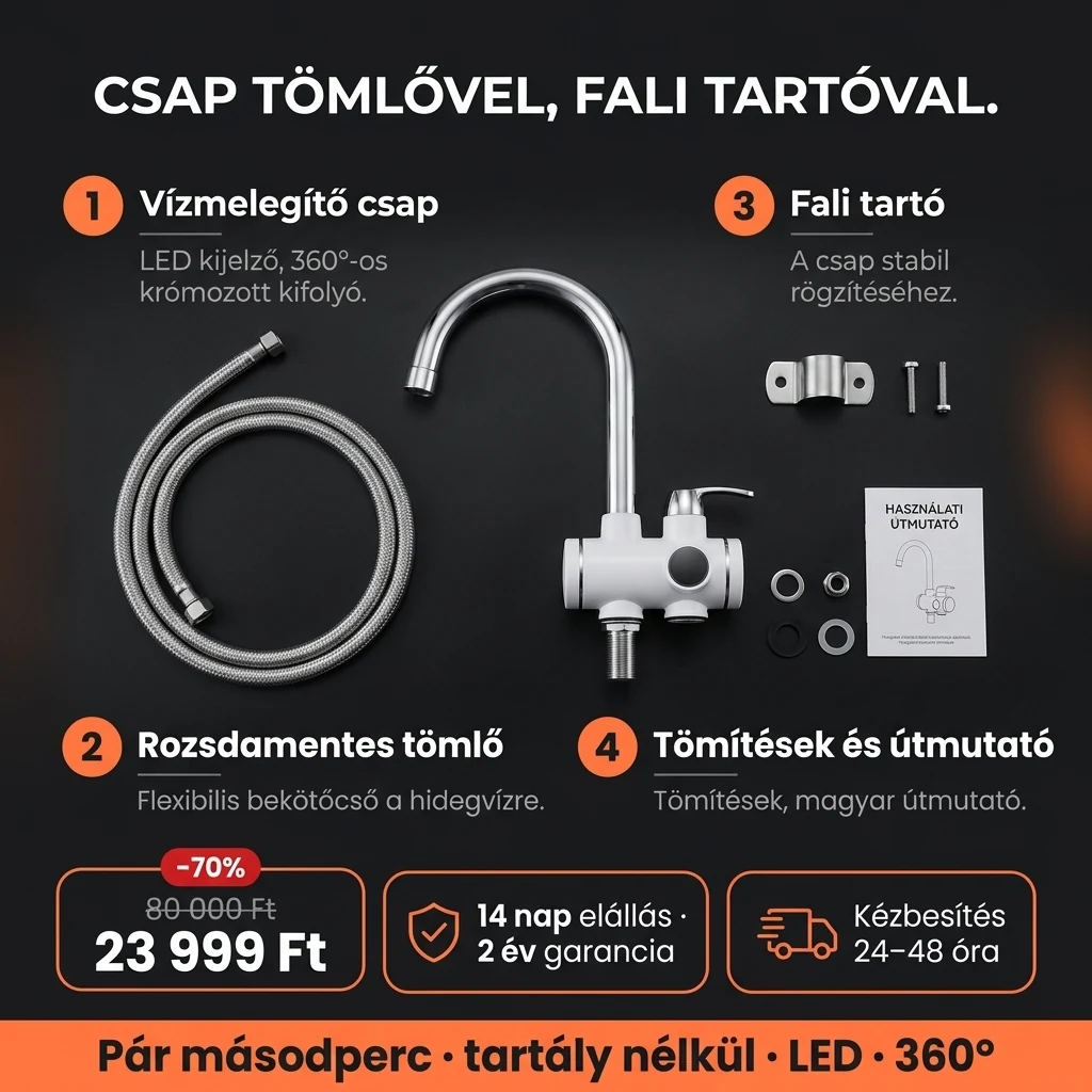 Átfolyós vízmelegítő csap – ajánlat: átfolyós vízmelegítő csap LED kijelzővel, tömlővel és fali tartóval, 80 000 Ft helyett 23 999 Ft, fizetés átvételkor