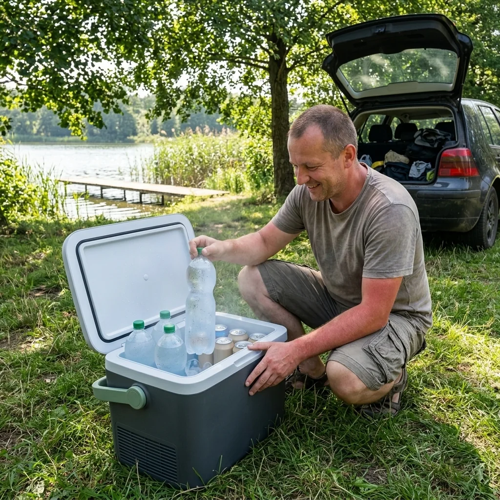 Nyitott Autós hűtőláda PRO a tóparti füvön, párás palackok, a kijelzőn 4 °C