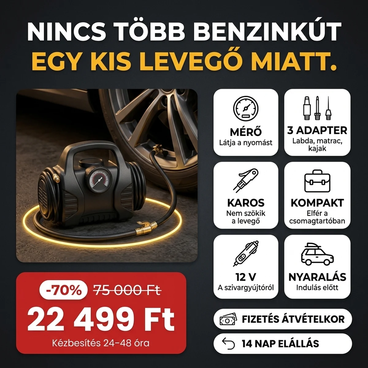 Fekete autós kompresszor nyomásmérővel és adapterekkel, a fő jellemzők kártyáin