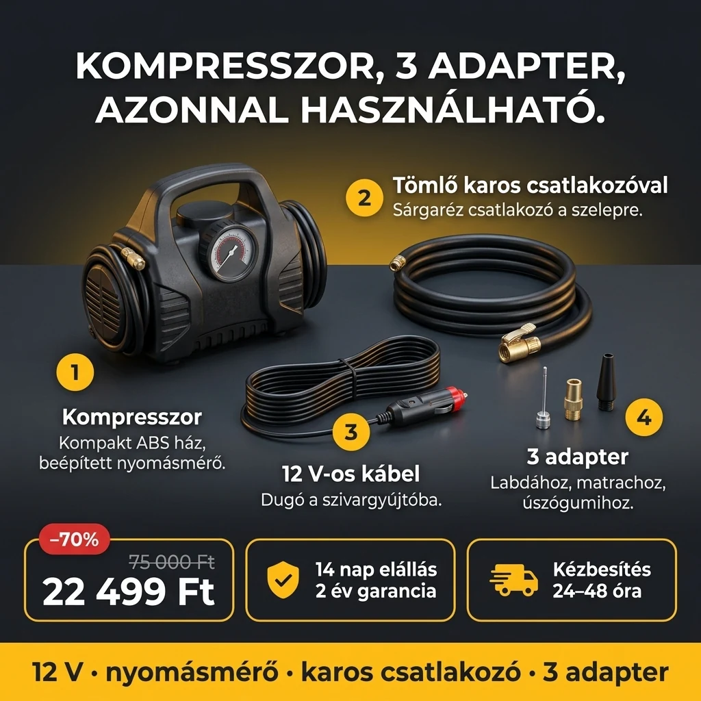 Autós kompresszor 12 V – ajánlat: autós kompresszor 12 V nyomásmérővel és 3 adapterrel, 75 000 Ft helyett 22 499 Ft, fizetés átvételkor