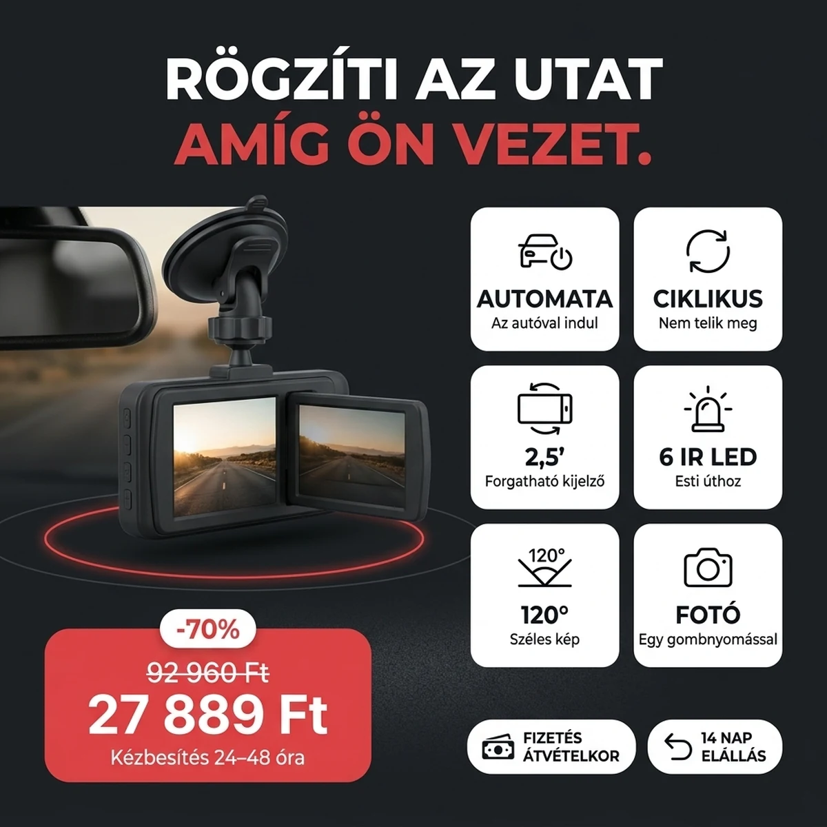 Fekete autós menetrögzítő kamera nyitott kijelzővel, a fő jellemzők kártyáin