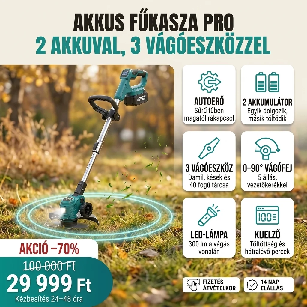 Akkus fűkasza PRO két akkumulátorral és három vágóeszközzel, a fő jellemzők kártyáin