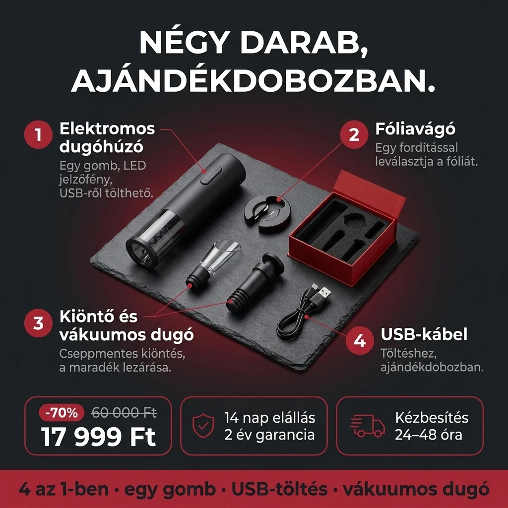 Elektromos dugóhúzó szett – ajánlat: elektromos dugóhúzó szett 4 az 1-ben, ajándékdobozban, 60 000 Ft helyett 17 999 Ft, fizetés átvételkor