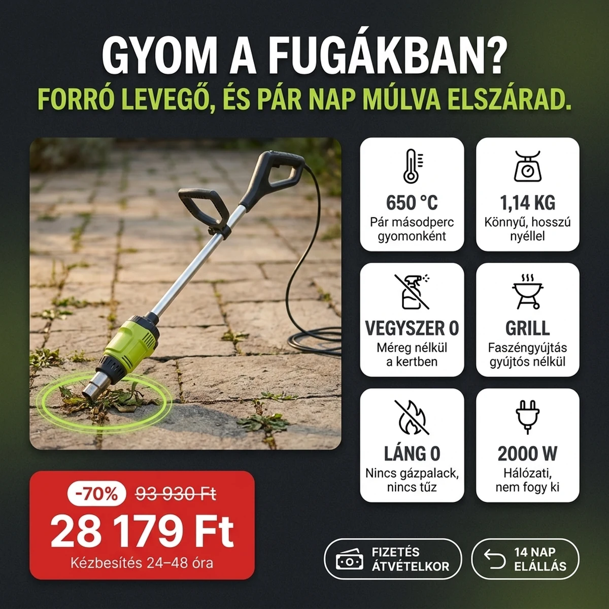 Elektromos gyomégető zöld fűtőtesttel és hosszú nyéllel, a fő jellemzők kártyáin