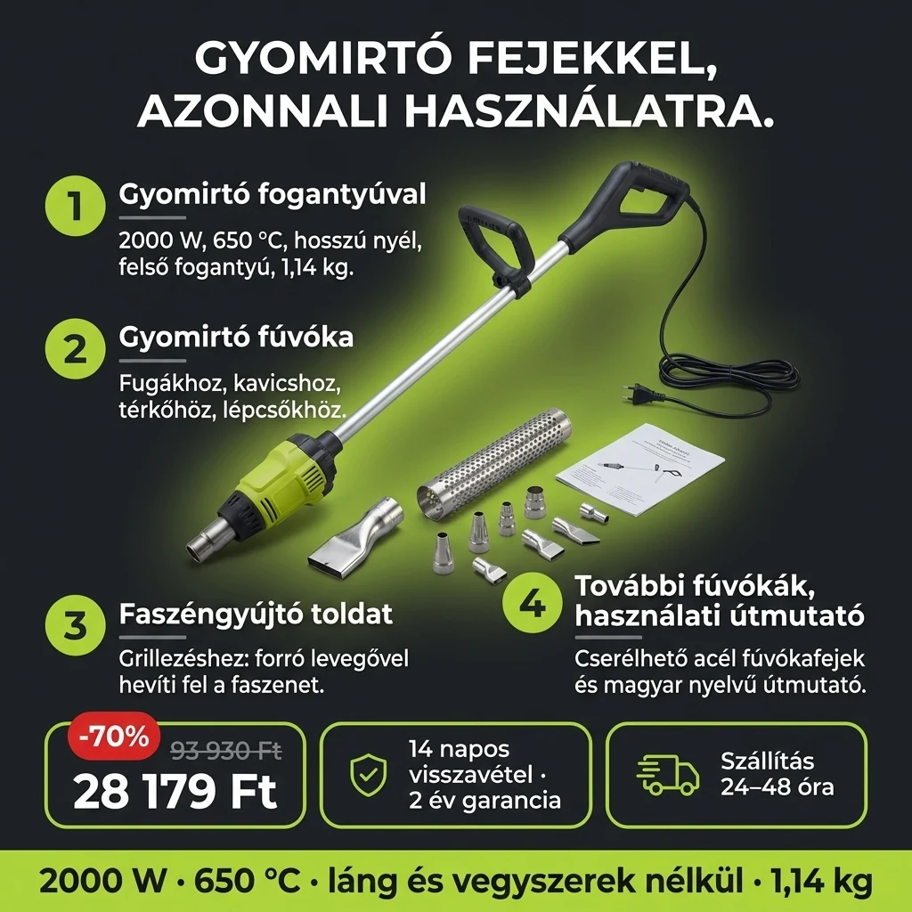 Elektromos gyomégető – ajánlat: elektromos gyomégető, gyomirtó fúvóka és faszéngyújtó toldat, 93 930 Ft helyett 28 179 Ft, fizetés átvételkor
