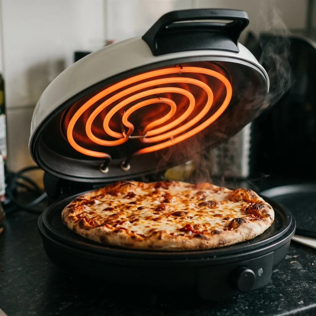 Elektromos pizzasütő: olvadt sajt, pirult feltét