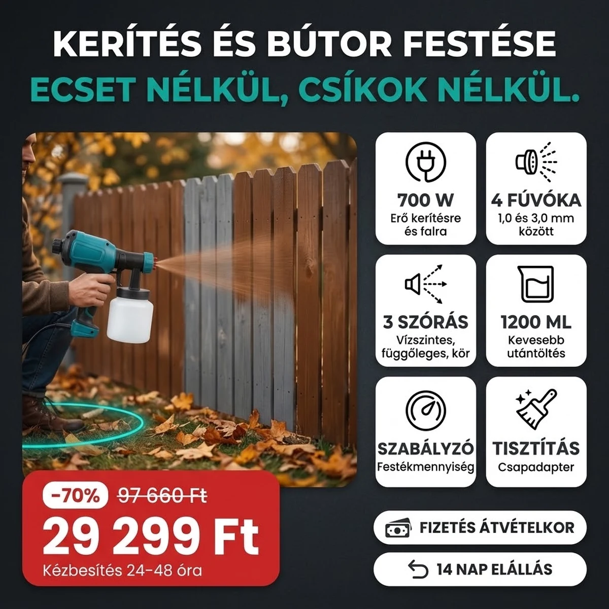 Elektromos festékszóró pisztoly PRO tartállyal és fúvókákkal, a fő jellemzők kártyáin