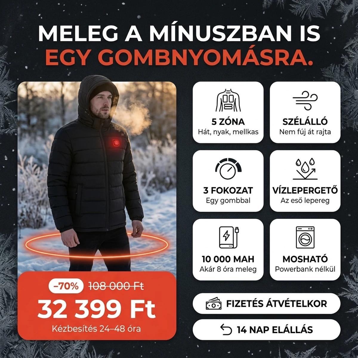 Fekete fűthető kabát kapucnival, a fő jellemzők kártyáin