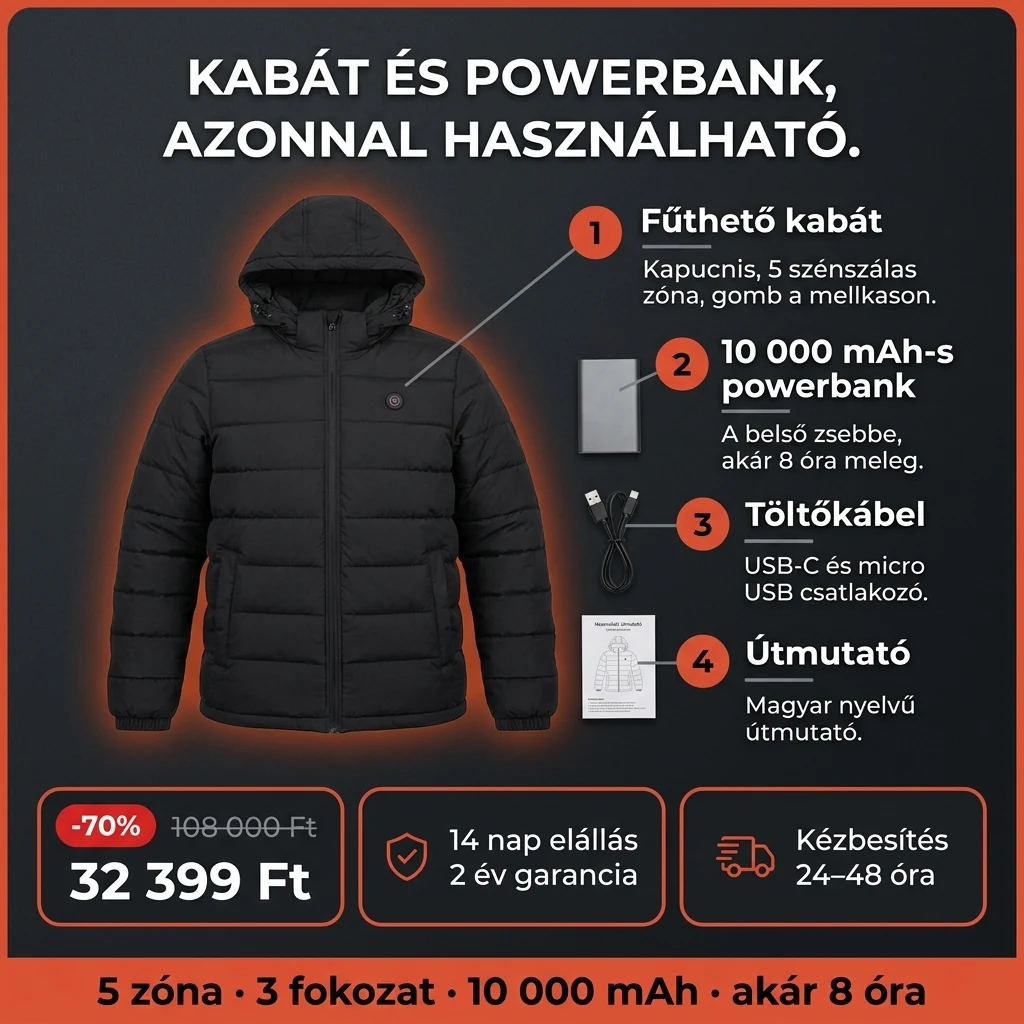 Fűthető kabát – ajánlat: fűthető kabát 10 000 mAh-s powerbankkal, 108 000 Ft helyett 32 399 Ft, fizetés átvételkor