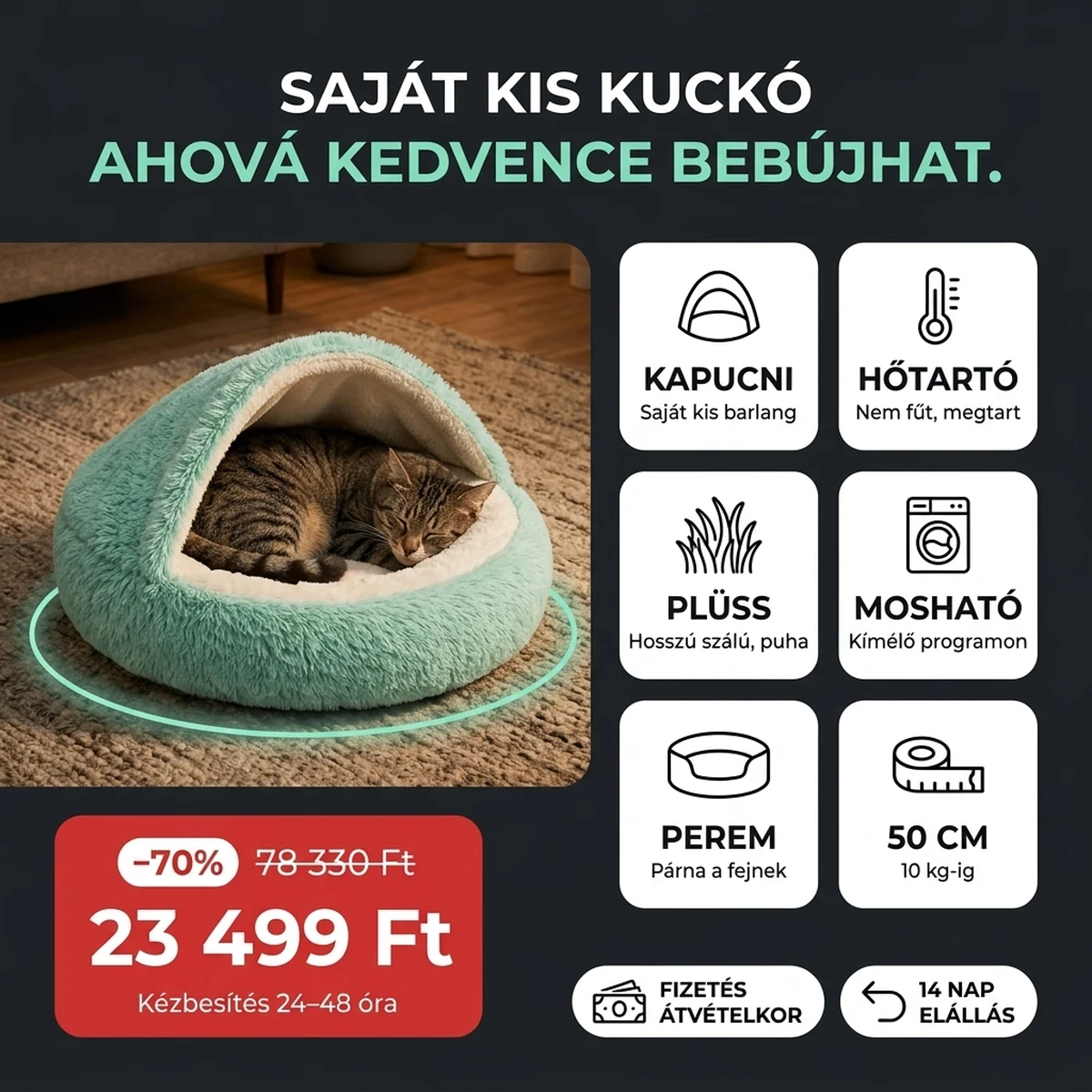 Mentazöld kapucnis plüss fekhely, a fő jellemzők kártyáin