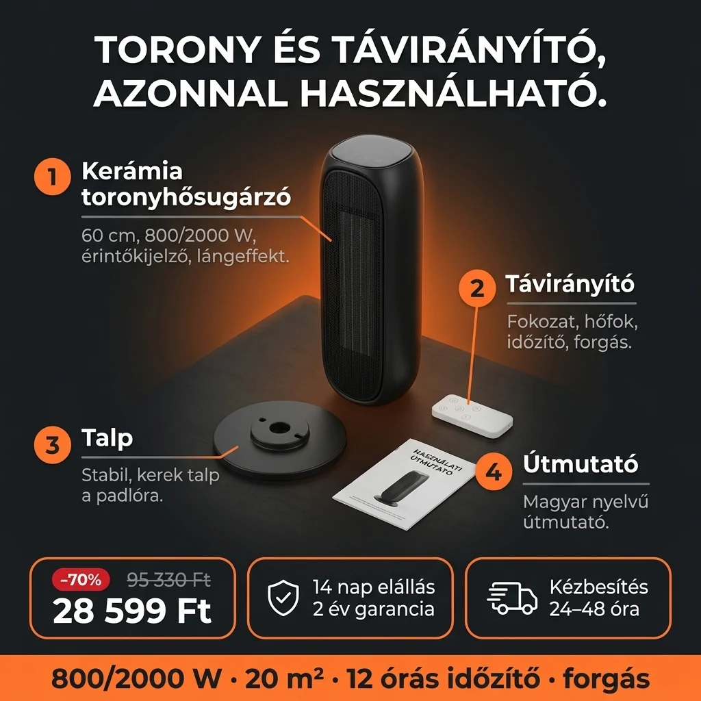 Kerámia toronyhősugárzó – ajánlat: kerámia toronyhősugárzó távirányítóval, 95 330 Ft helyett 28 599 Ft, fizetés átvételkor