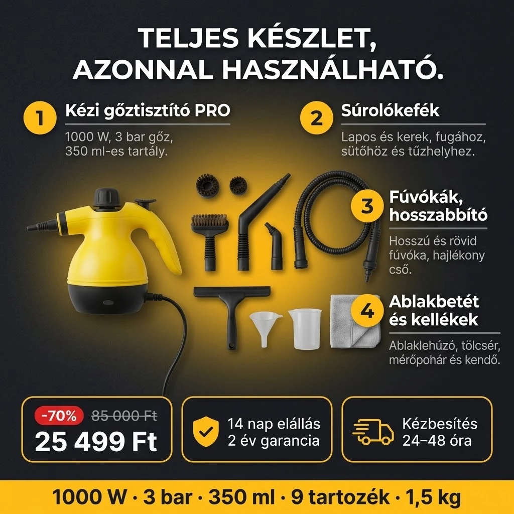 A Kézi gőztisztító PRO ajánlata: gőztisztító és 9 tartozék, fizetés átvételkor