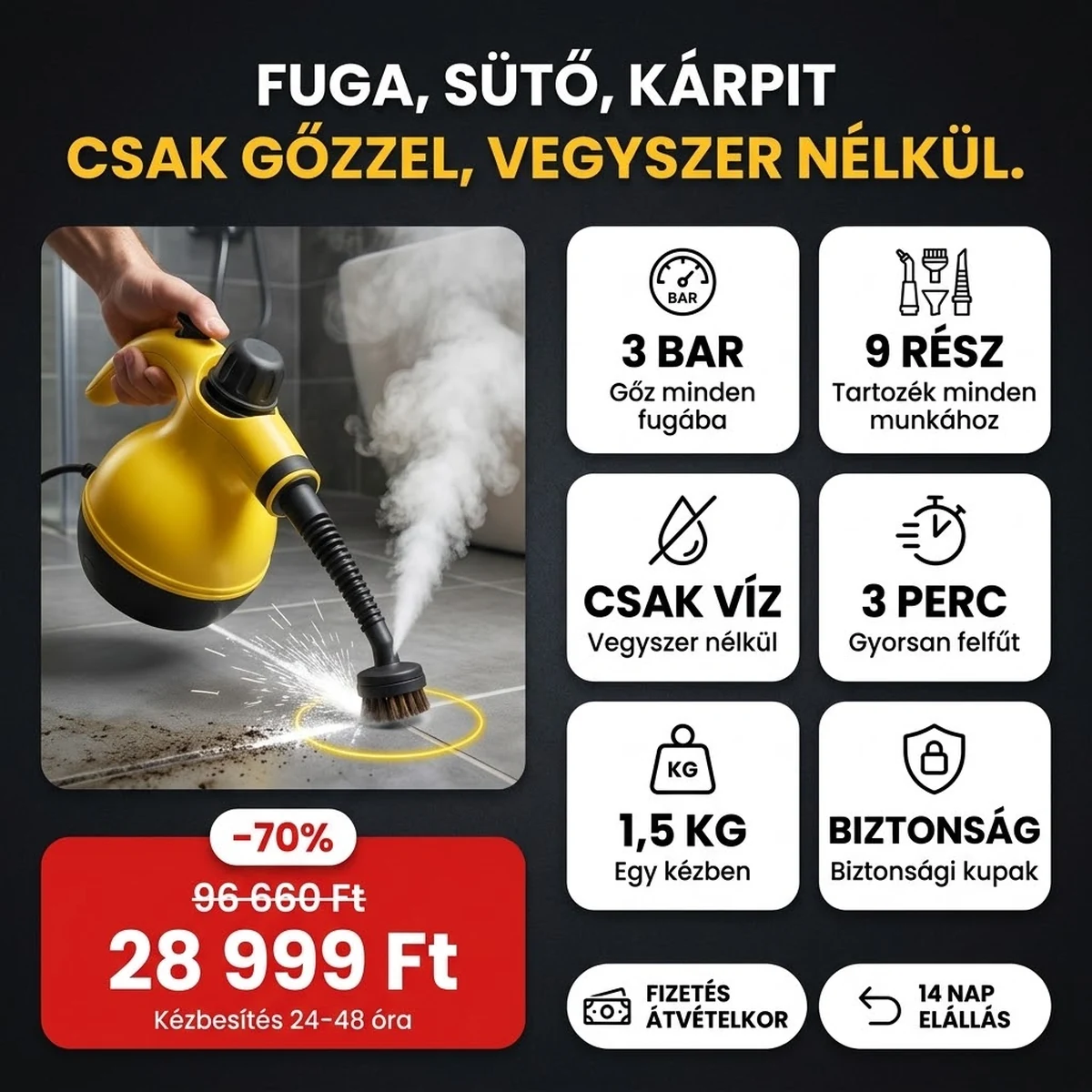 Kézi gőztisztító PRO tartozékokkal, a fő jellemzők kártyáin
