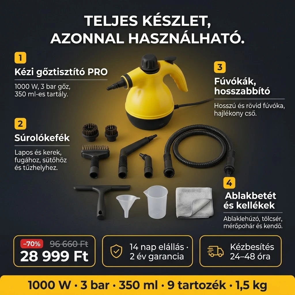 A Kézi gőztisztító PRO ajánlata: gőztisztító és 9 tartozék, fizetés átvételkor