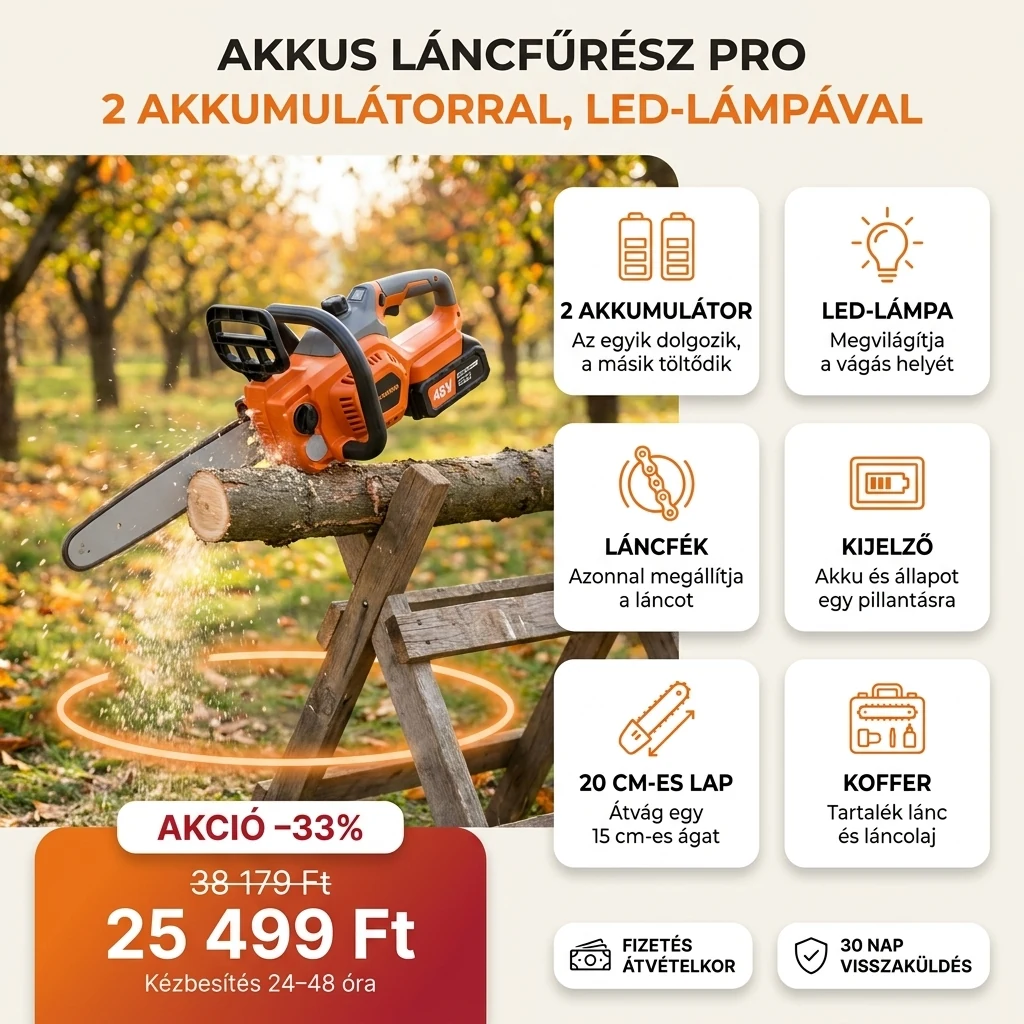 Akkus láncfűrész PRO két akkumulátorral, LED-lámpával és kijelzővel, a fő jellemzők kártyáin