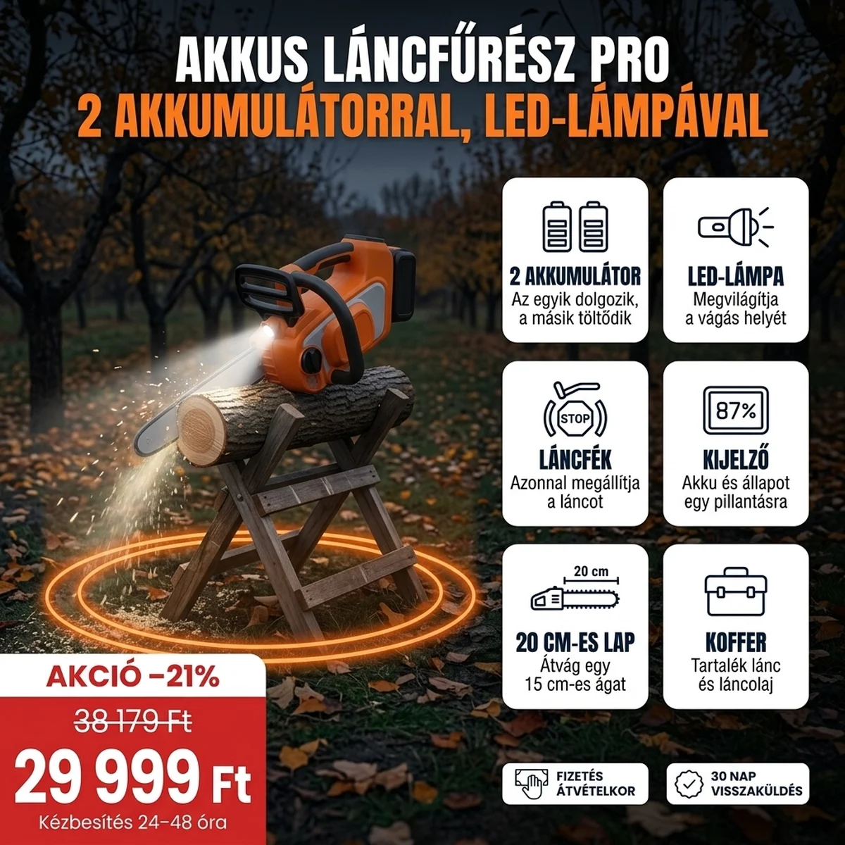 Akkus láncfűrész PRO két akkumulátorral, LED-lámpával és kijelzővel, a fő jellemzők kártyáin