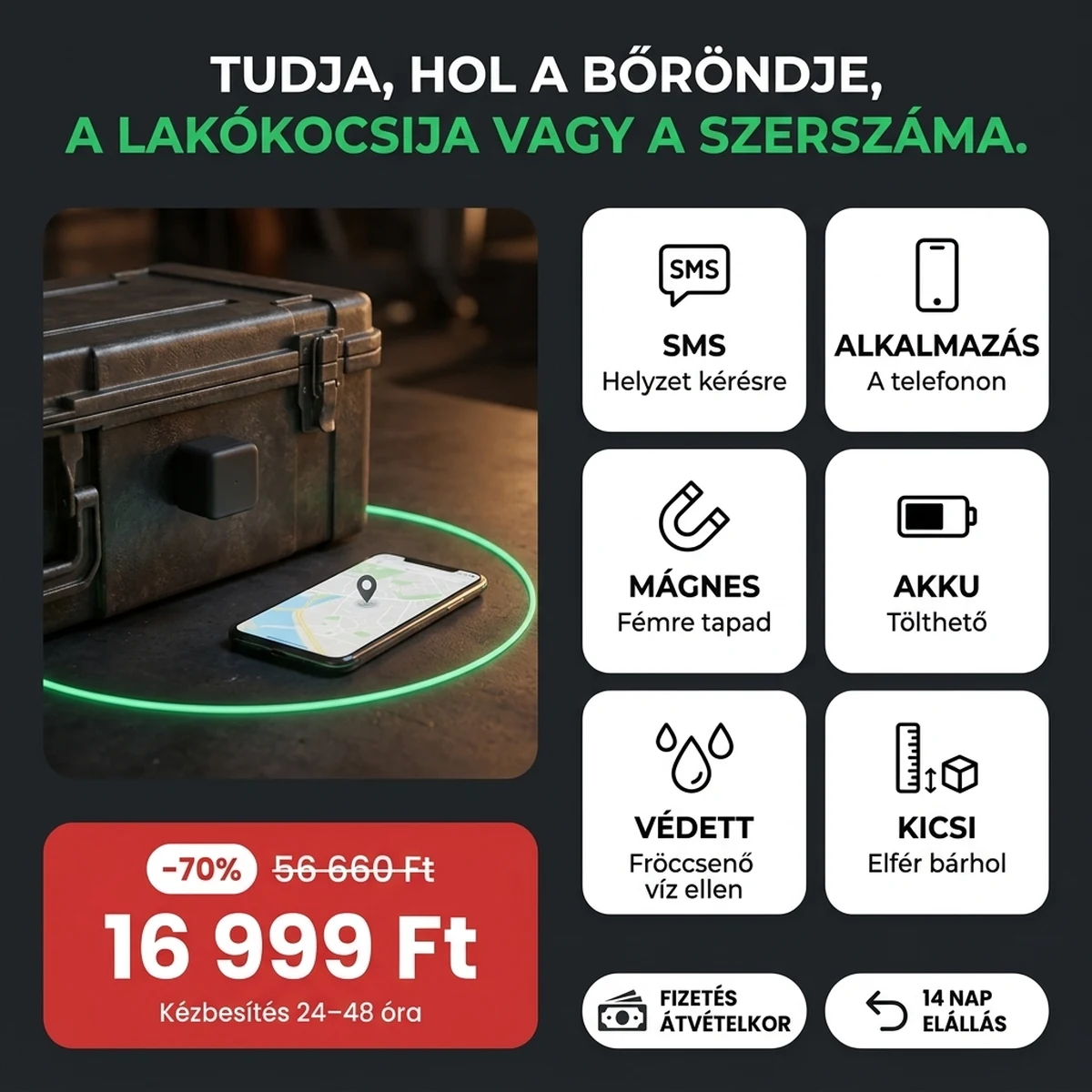 Fekete mini mágneses nyomkövető és telefon térképpel, a fő jellemzők kártyáin
