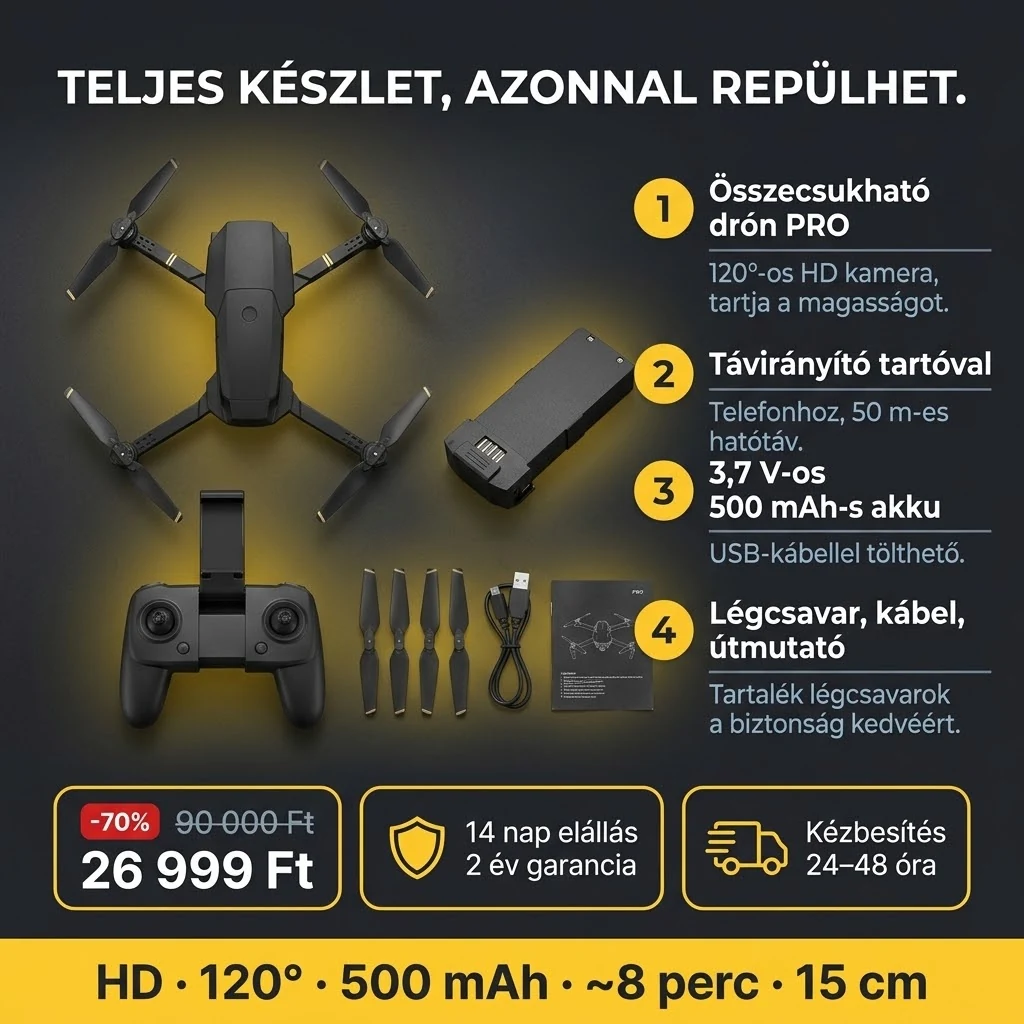 Az Összecsukható drón PRO ajánlata: drón, távirányító, akkumulátor és tartozékok, fizetés átvételkor