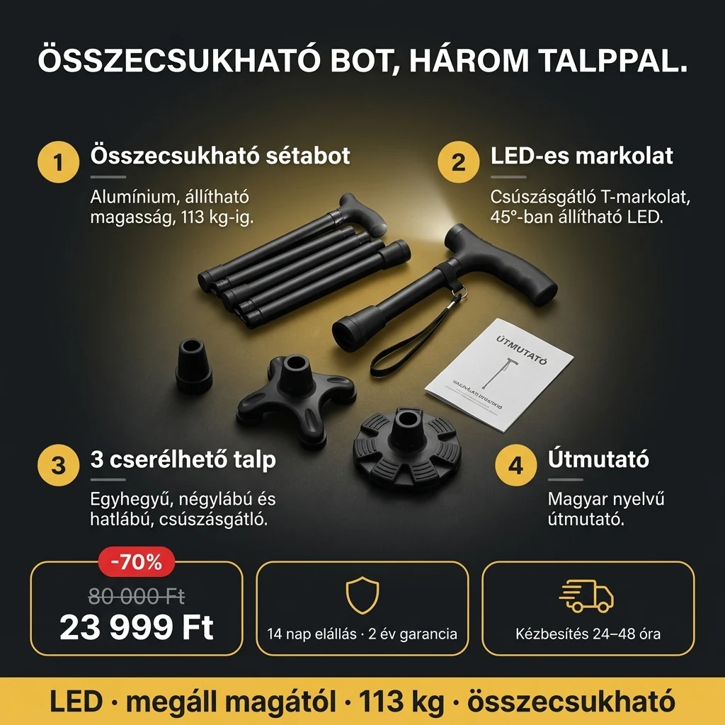 Összecsukható sétabot LED – ajánlat: összecsukható sétabot LED-es markolattal és 3 talppal, 80 000 Ft helyett 23 999 Ft, fizetés átvételkor