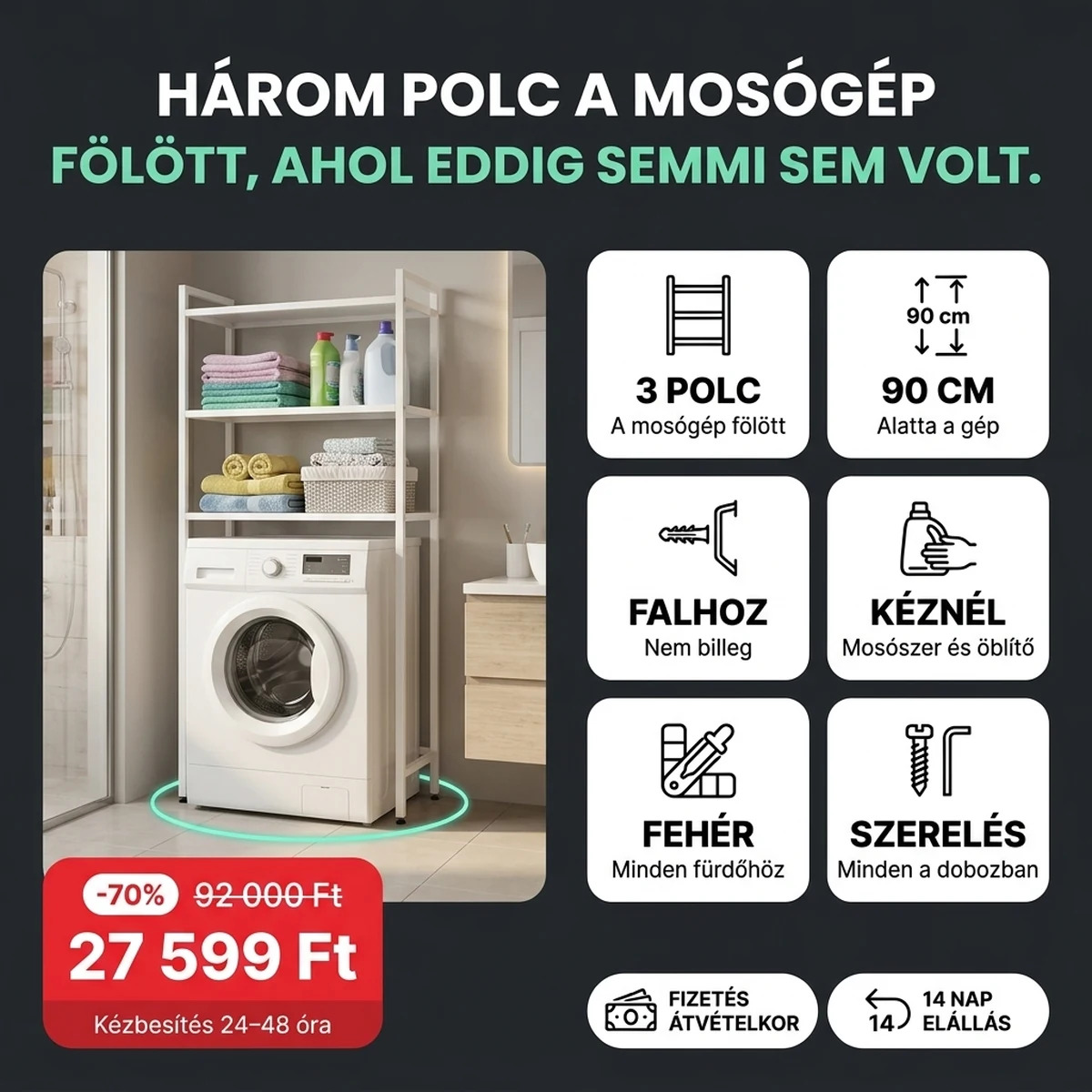 Fehér polc a mosógép fölött, a fő jellemzők kártyáin
