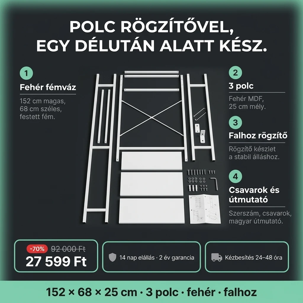 Polc mosógép fölé – ajánlat: fehér polc mosógép fölé, 3 szinttel és falhoz rögzítővel, 92 000 Ft helyett 27 599 Ft, fizetés átvételkor