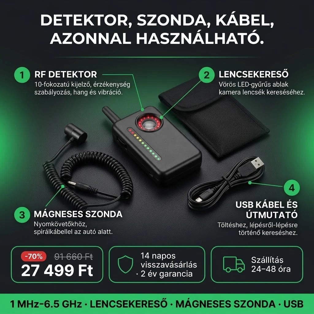Poloskakereső PRO – ajánlat: RF detektor lencsekeresővel, mágneses szonda és USB töltőkábel, 91 660 Ft helyett 27 499 Ft, fizetés átvételkor