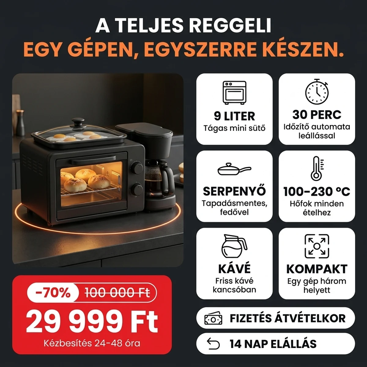 Reggelizőgép 3 az 1-ben sütővel, serpenyővel és kávéfőzővel, a fő jellemzők kártyáin