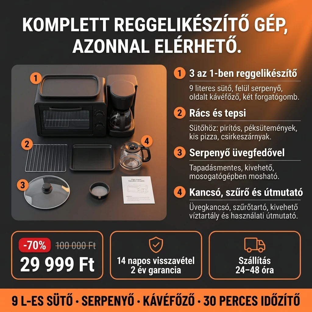 Reggelizőgép 3 az 1-ben – ajánlat: reggelizőgép 9 literes sütővel, serpenyővel és kávéfőzővel, 100 000 Ft helyett 29 999 Ft, fizetés átvételkor